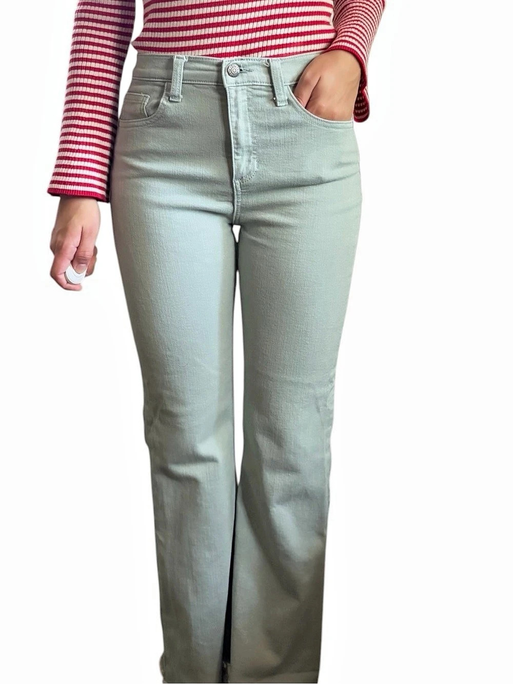 Harper Francesca’s High Rise Kick Crop Jeans Fringe Distressed Pastel Green 27